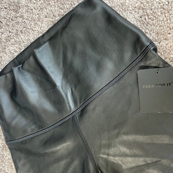 MOTO LEGGINGS FAUX LEATHER BLACK EMO HIGH RISE FREE WAISTBAND ANKLE LENGTH GOTH - Picture 11 of 13